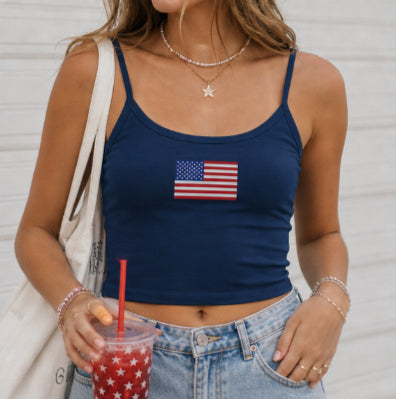 American Flag Spaghetti Strap Tank — Patriotic Women's Crop Top for 4th of July