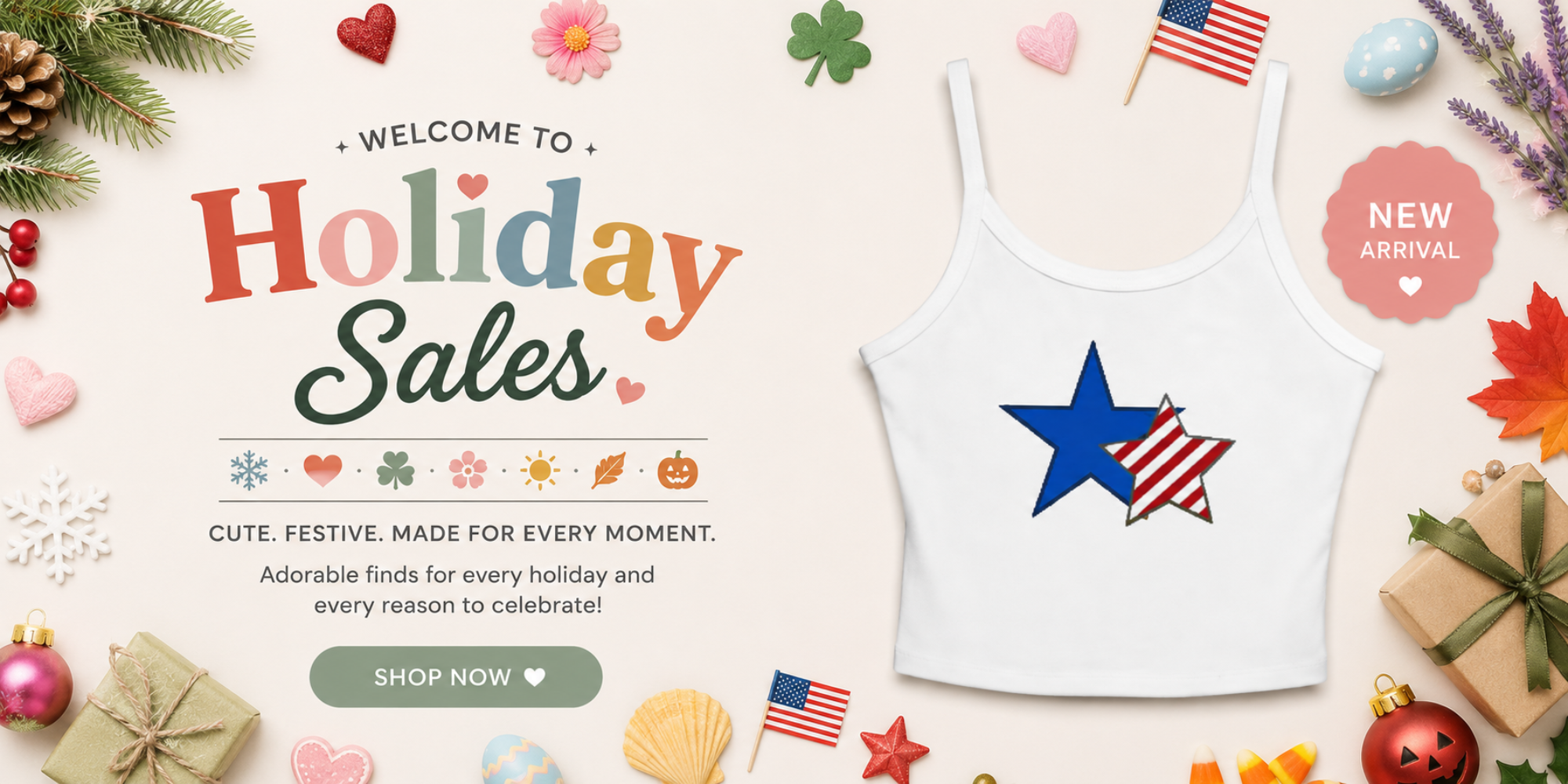 Holiday sales promotion with a tank top featuring a star design, surrounded by festive decorations.